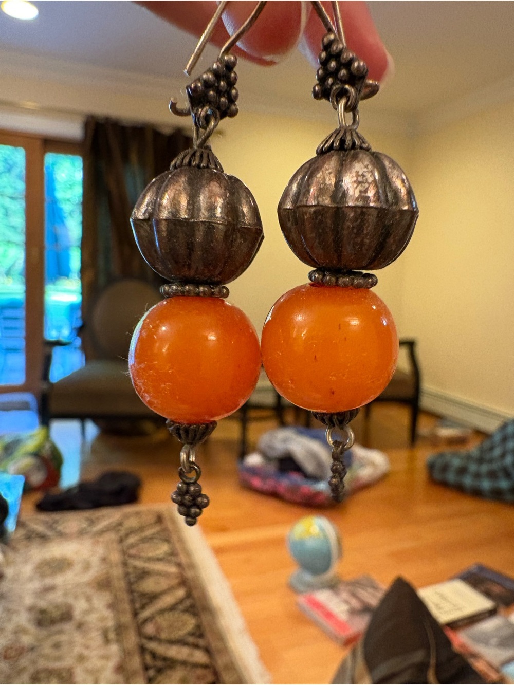 Vintage-Style Orange Bead Drop Earrings - Unbranded
